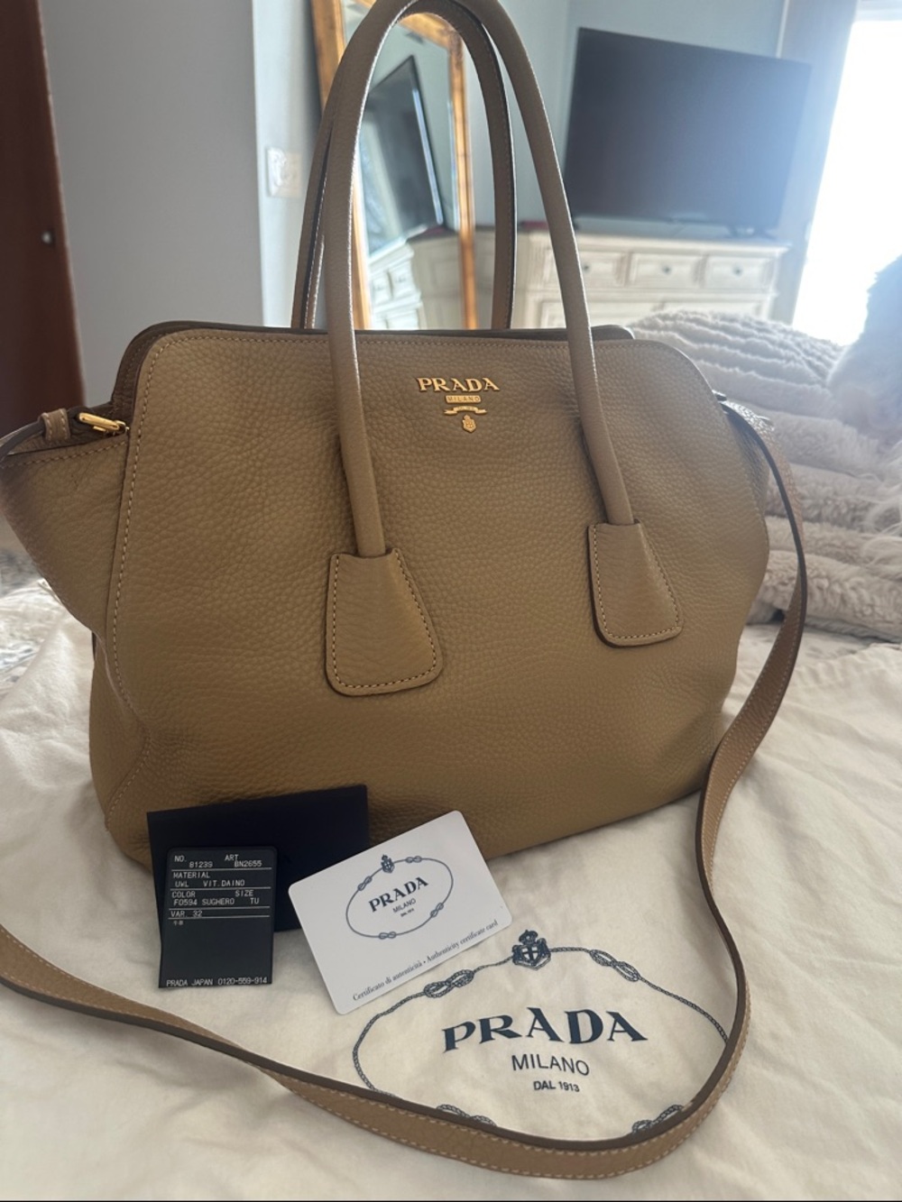 Prada Taupe Pebbled Leather Satchel with Gold Logo